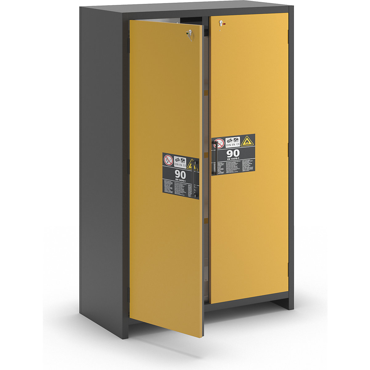 Fire resistant industrial hazardous goods cupboard, type 90 – asecos, HxWxD 1955 x 1200 x 615 mm, 2 door, golden yellow-1