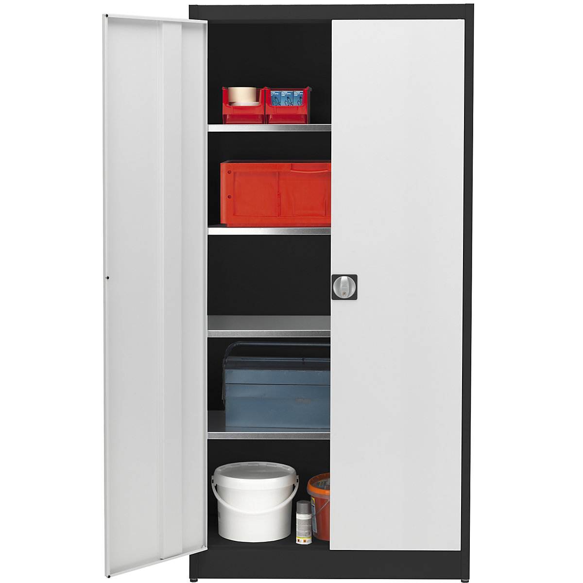 Storage cupboard, HxW 1950 x 950 mm – mauser, depth 420 mm, graphite black housing, light grey doors-2