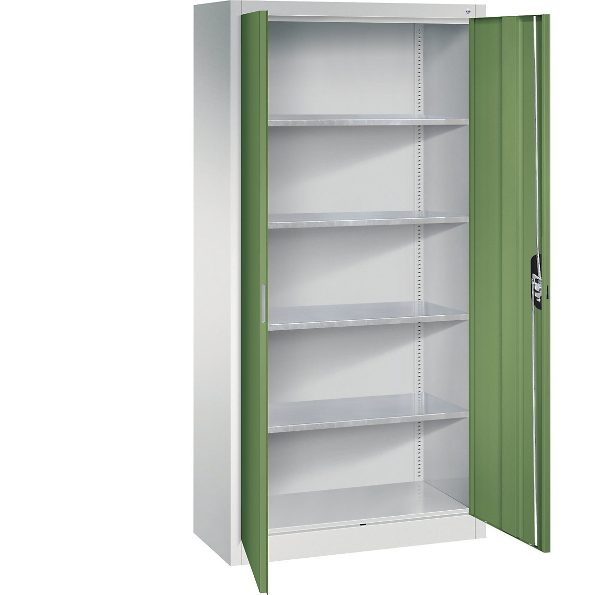 Workshop double door cupboard – C+P, HxWxD 1950 x 930 x 400 mm, light grey / reseda green-2