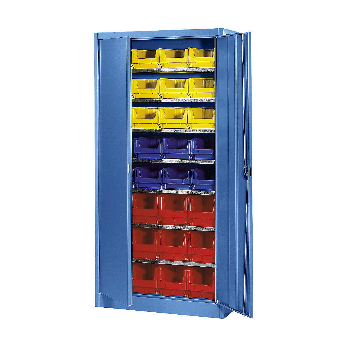 Storage cupboard, single colour – mauser, with 32 open fronted storage bins, 7 shelves, blue-2