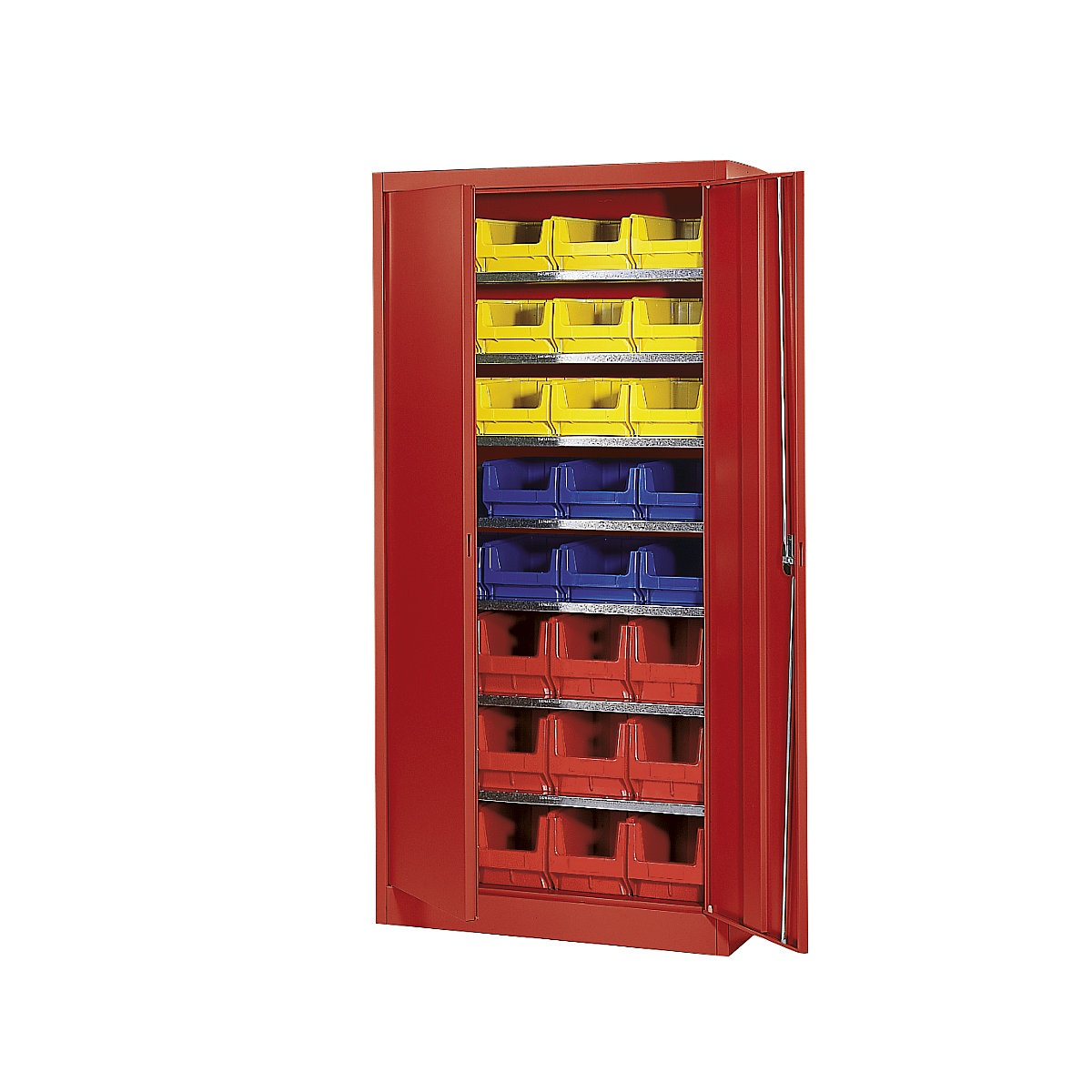 Storage cupboard, single colour – mauser, with 32 open fronted storage bins, 7 shelves, red-3