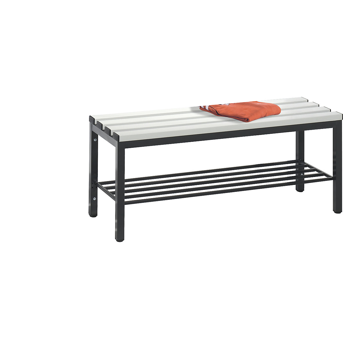 BASIC changing room bench – C+P, plastic slats, length 1000 mm, light grey, shoe rack-11