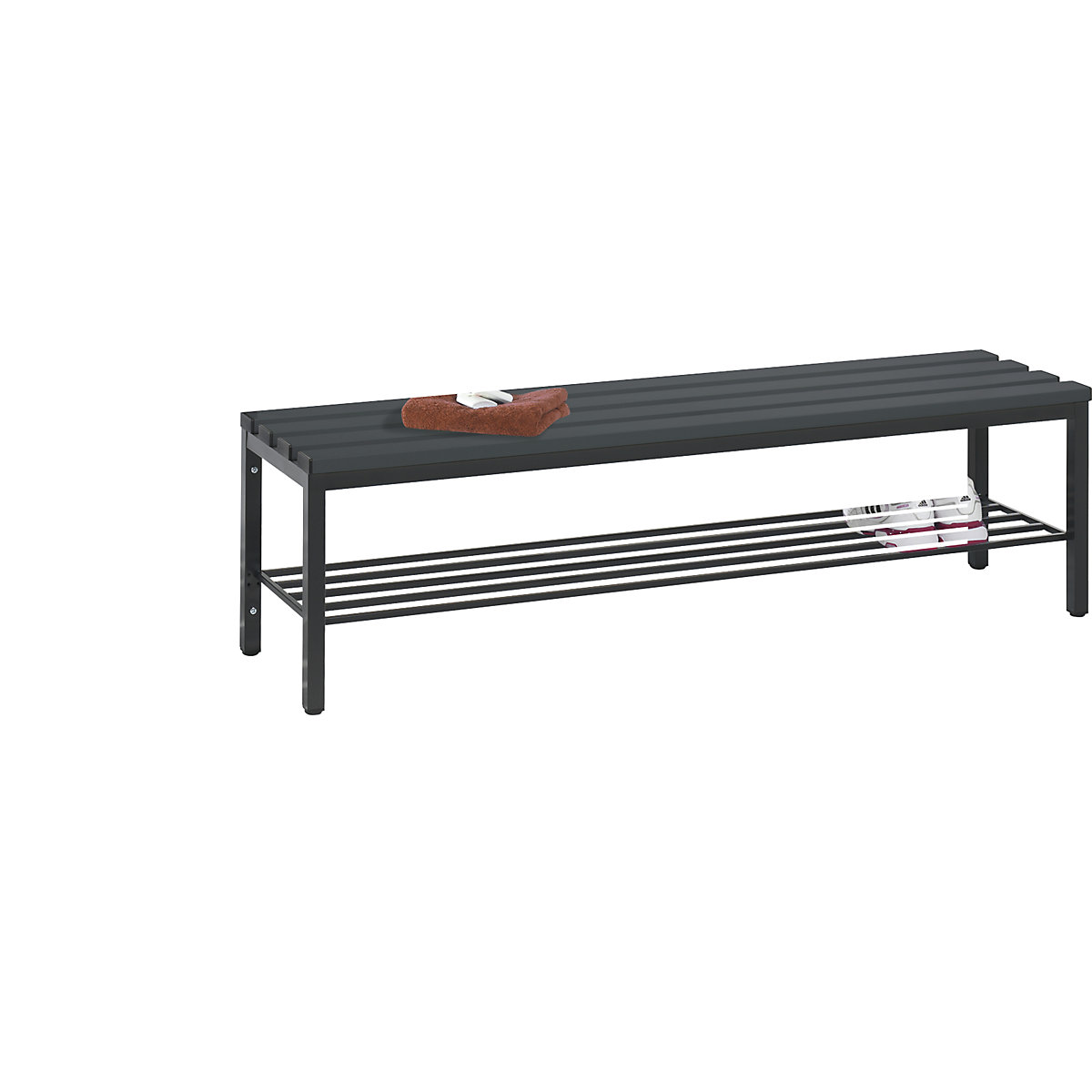 BASIC changing room bench – C+P, plastic slats, length 1500 mm, black grey, shoe rack-4