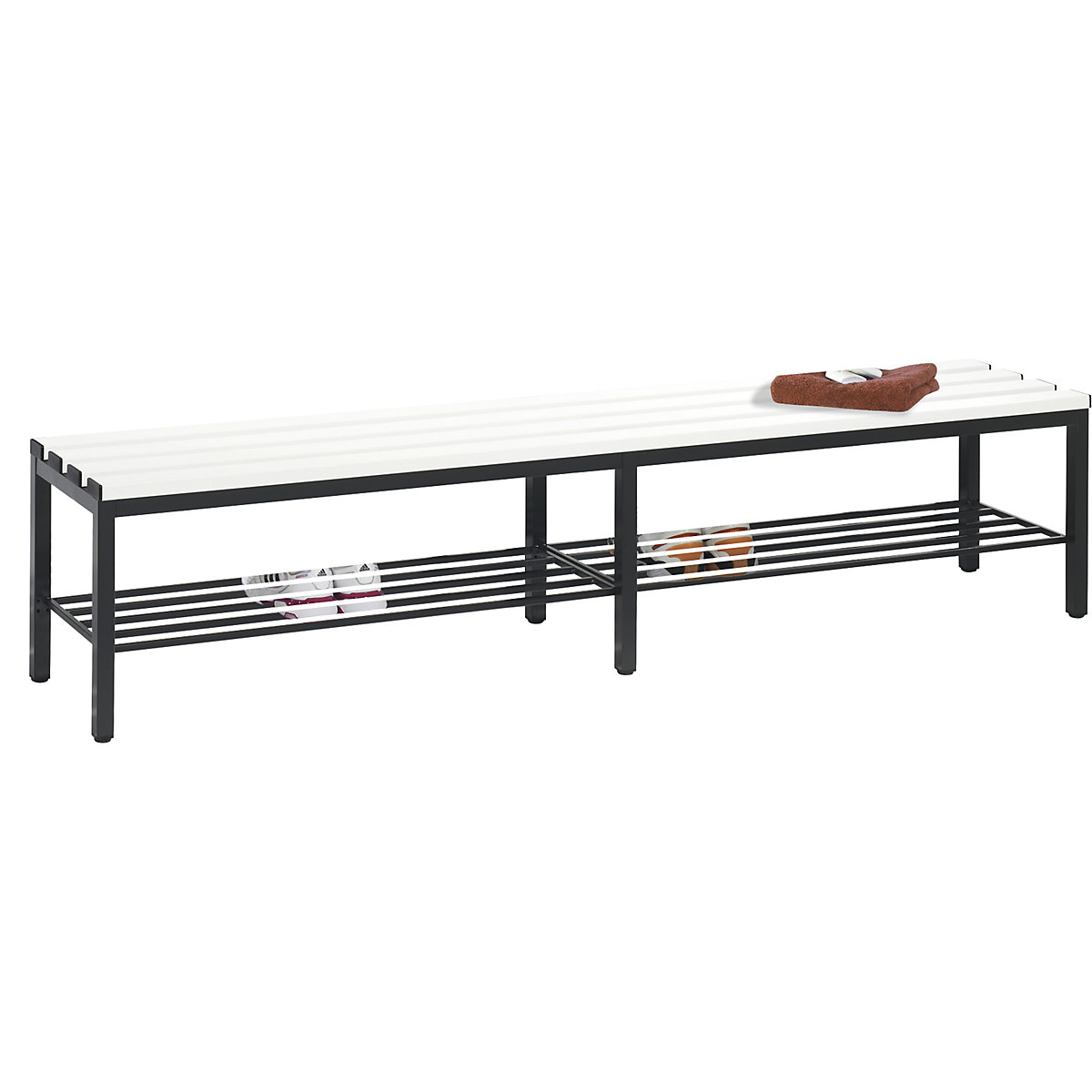BASIC changing room bench – C+P, plastic slats, length 1960 mm, light grey, shoe rack-7