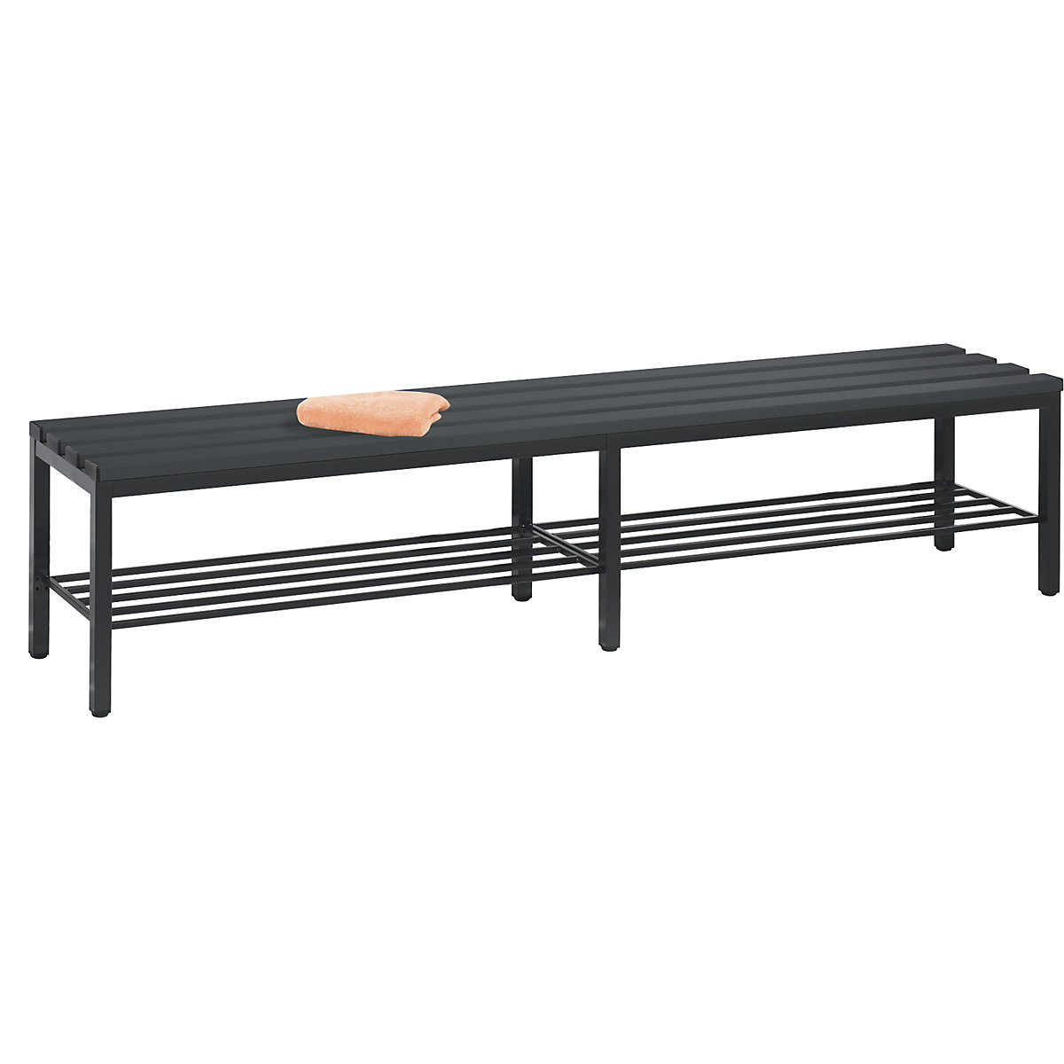 BASIC changing room bench – C+P, plastic slats, length 1960 mm, black grey, shoe rack-5