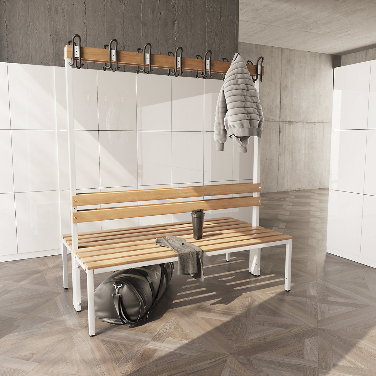 Changing room bench with back rest, double sided – eurokraft basic (Product illustration 6)-5