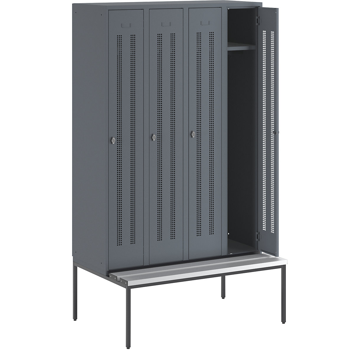 Berlin 1 bench seat clothes locker – Wolf, 4 compartments, blue grey, W 1200 mm, bench fitted below, plastic-2