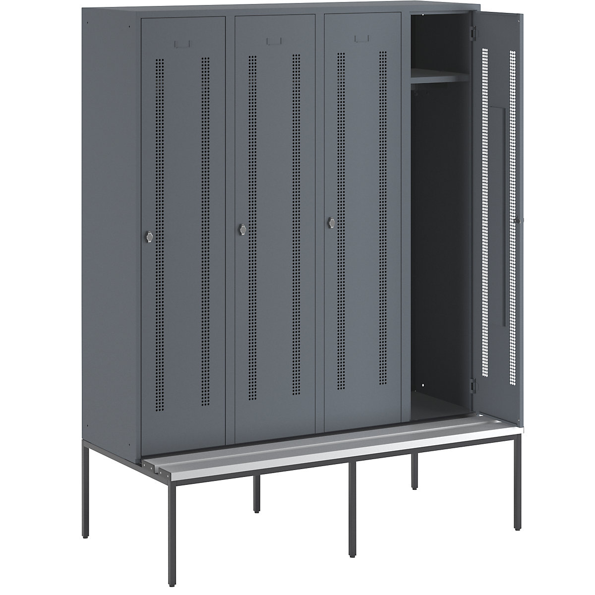 Berlin 1 bench seat clothes locker – Wolf, 4 compartments, blue grey, W 1600 mm, bench fitted below, plastic-18