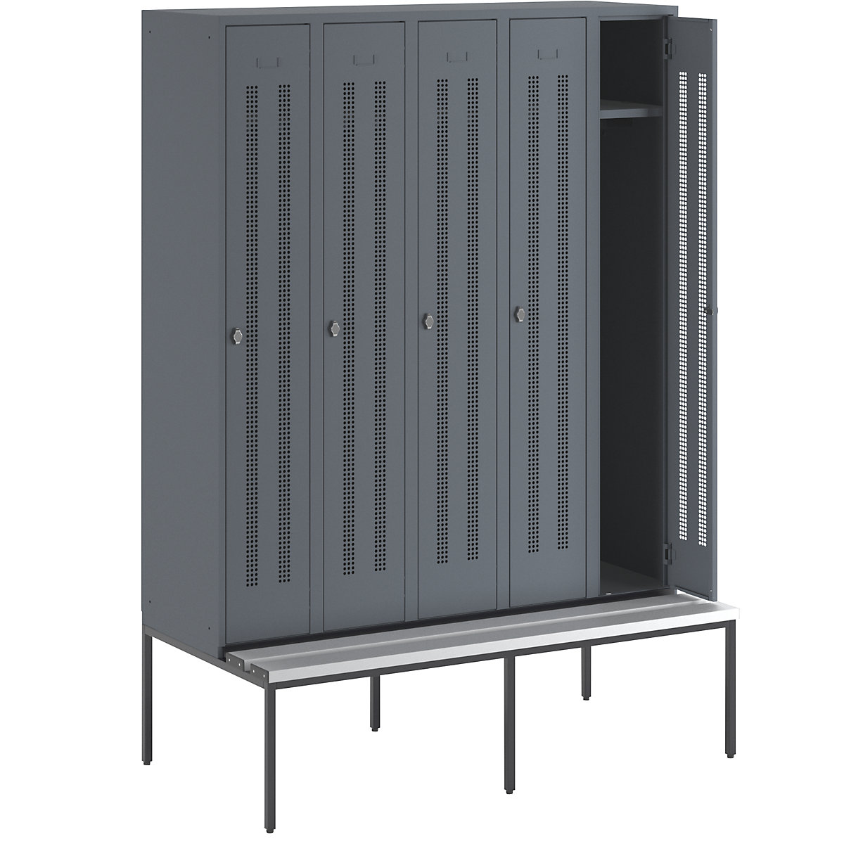 Berlin 1 bench seat clothes locker – Wolf, 5 compartments, blue grey, W 1500 mm, bench fitted below, plastic-3