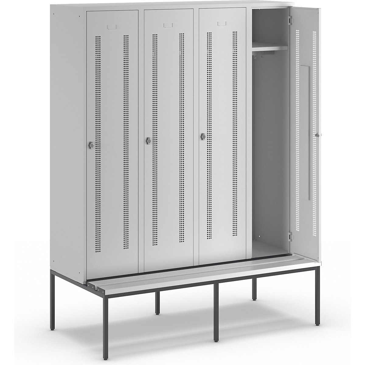 Berlin 1 bench seat clothes locker – Wolf, 4 compartments, light grey, W 1600 mm, bench fitted below, plastic-15