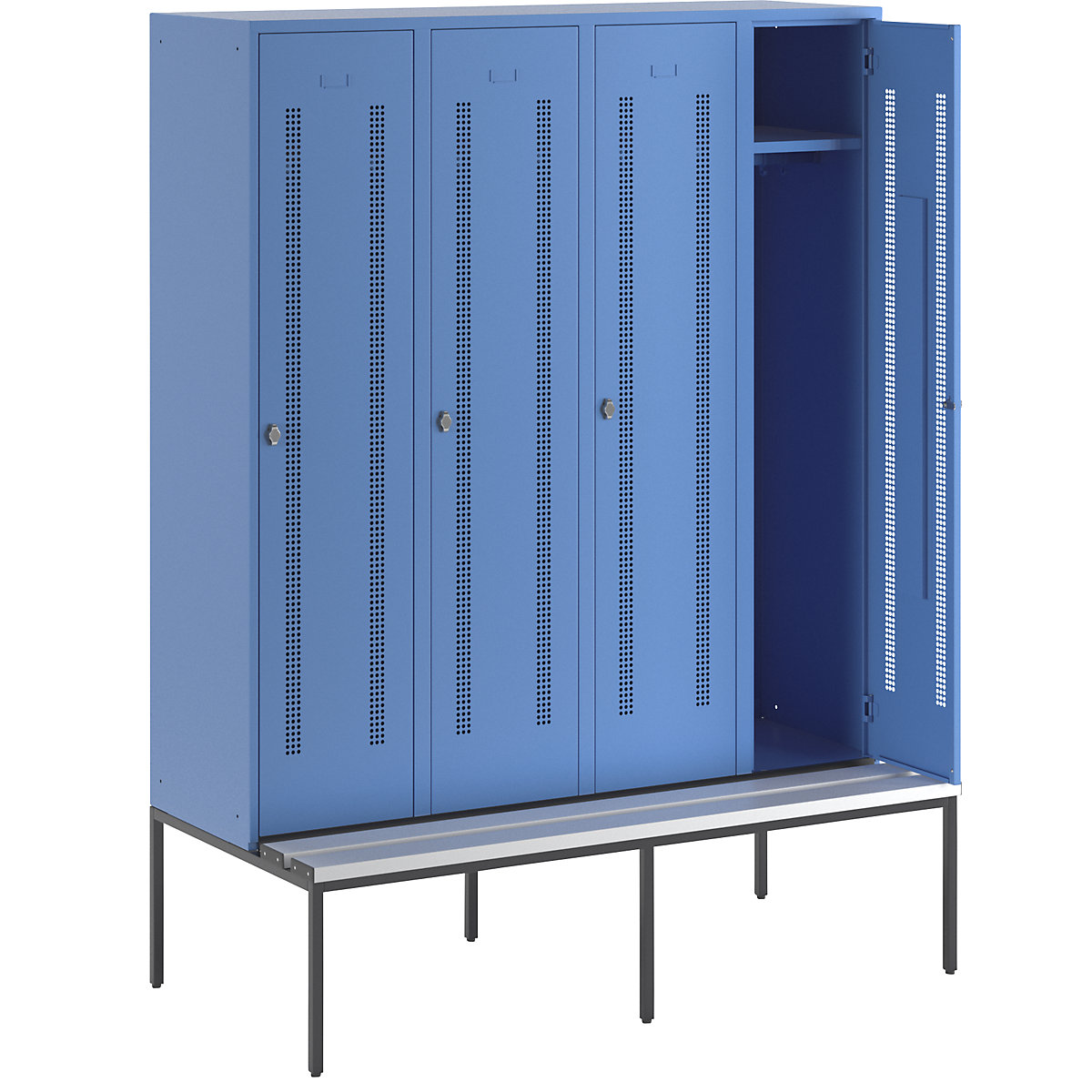 Berlin 1 bench seat clothes locker – Wolf, 4 compartments, light blue, W 1600 mm, bench fitted below, plastic-34