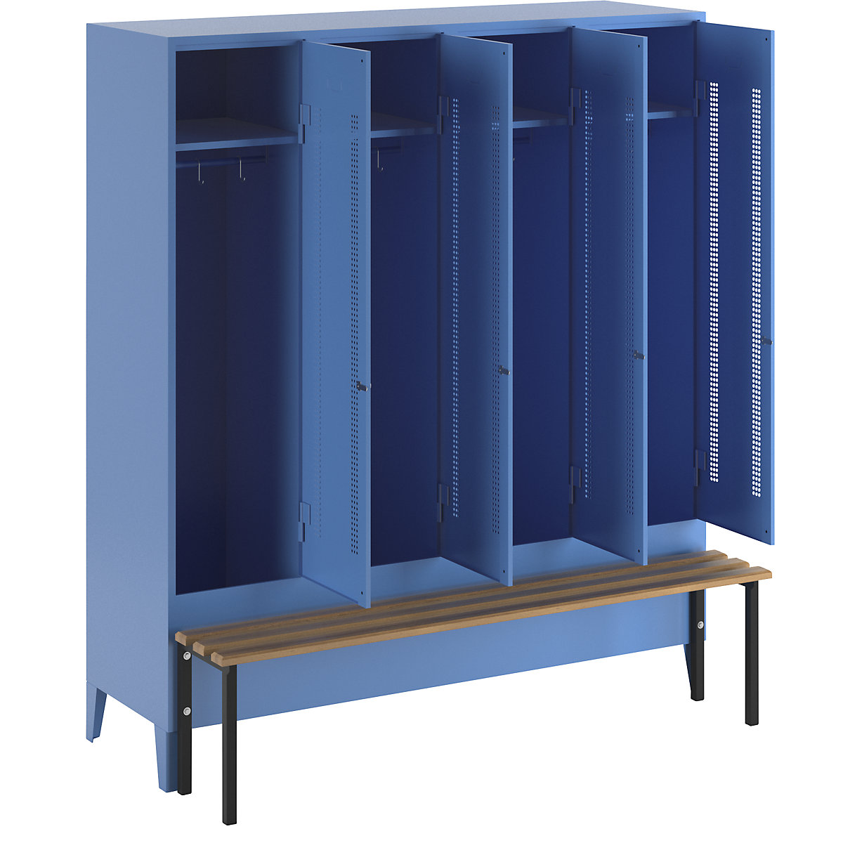 Berlin 1 bench seat clothes locker – Wolf, 4 compartments, light blue, W 1600 mm, bench mounted in front, beech wood-29