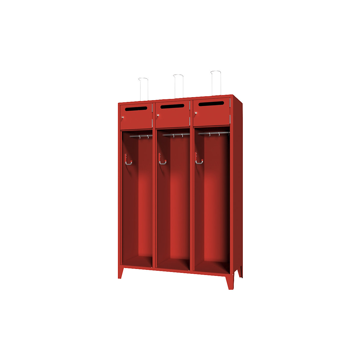 Fire brigade cupboard with feet – Pavoy, solid sheet metal door with deposit slot, 3 compartments, 6 lockers-3
