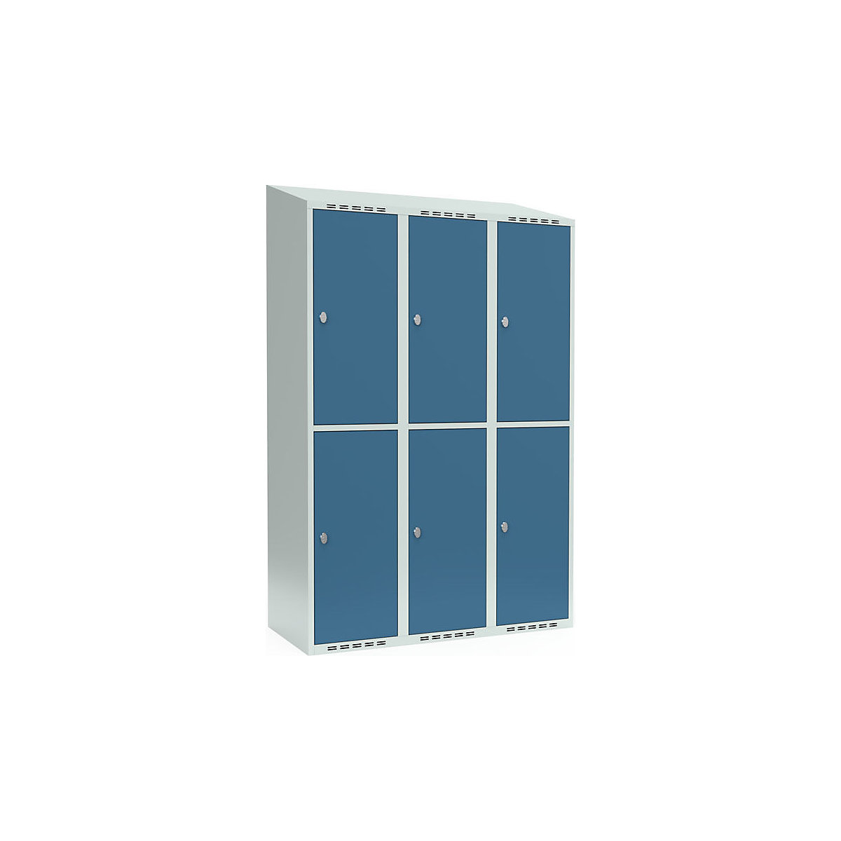 Fydor double deck clothes locker, 3 compartments, light grey / brilliant blue, W 1200 mm, 3 compartments, sloping roof shape, padlock-55