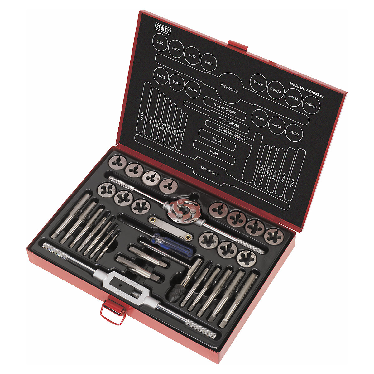Sealey 33pc Metric/UNF/BSP Tap & Die Set | Split Dies (Product illustration 3)-2