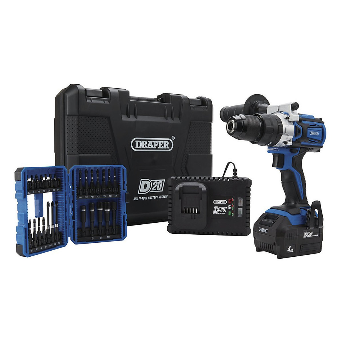 Draper D20 Series Brushless Combi Drill Kit & Draper Expert Impact Screwdriver Bit Set | 26 Piece