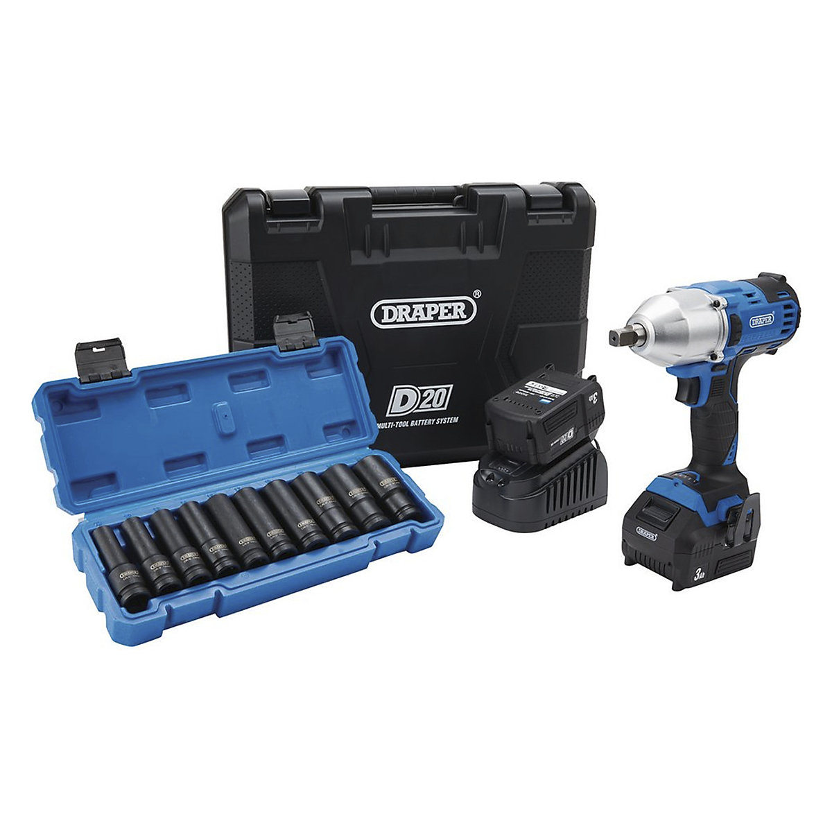 Draper D20 Series Brushless Mid-Torque Impact Wrench Kit & Metric Deep Impact Socket Set | 10 Piece