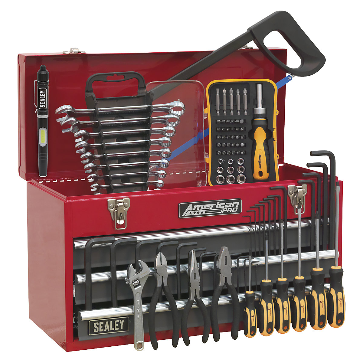 Sealey American Pro Tool Kits | 3 Drawer Portable Topchest | 93 Pieces, Sealey American Pro Tool Kits | 3 Drawer Portable Topchest | 93 Pieces, Sealey American Pro Tool Kit | 3 Drawer Portable Topchest | 93 Piece Kit | Red-1