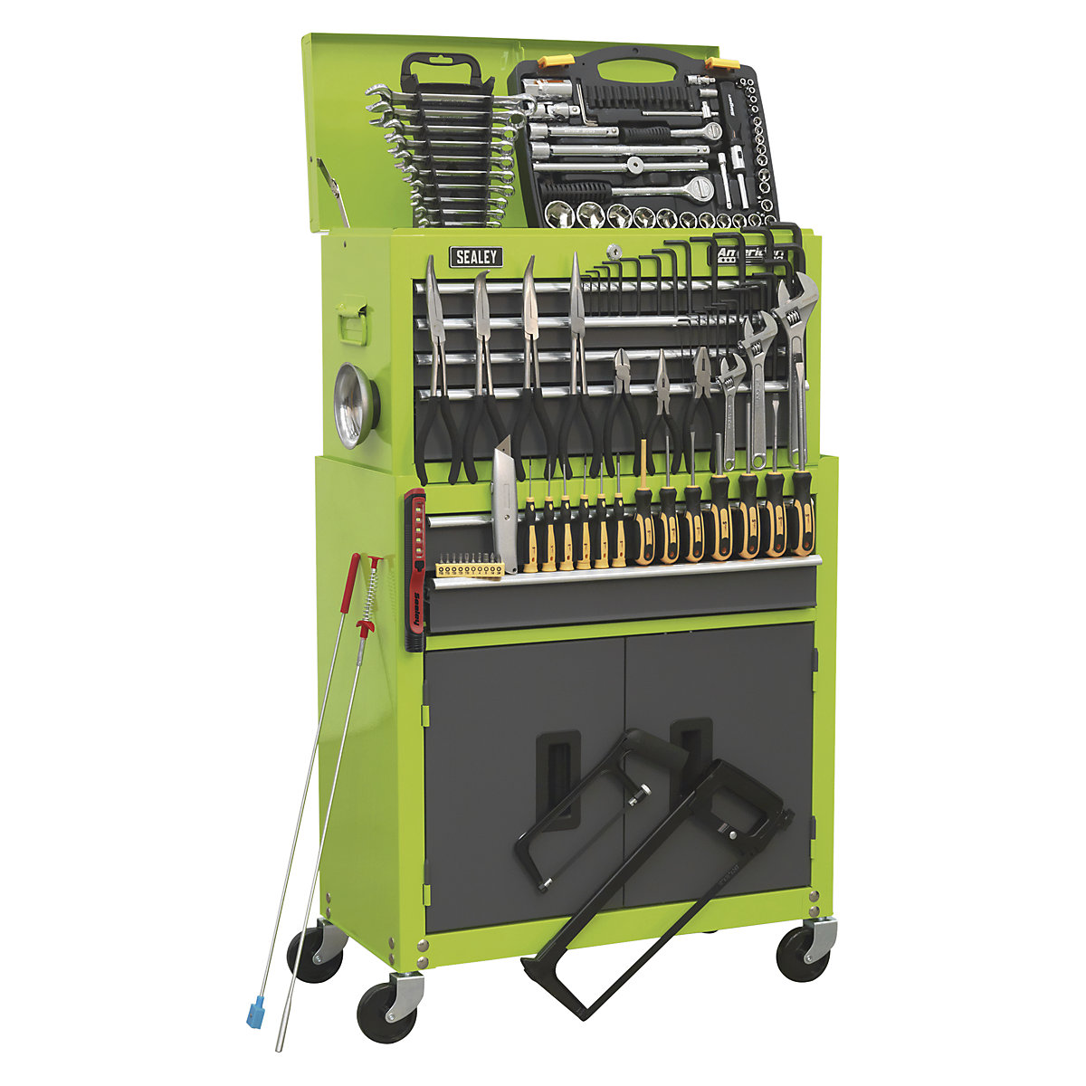 Sealey American Pro Tool Kits | 6 Drawer Topchest & Rollcab Combination | 128 Pieces, Sealey American Pro Tool Kits | 6 Drawer Topchest & Rollcab Combination | 128 Pieces, Sealey American Pro Tool Kit | 6 Drawer Topchest & Rollcab Combination | 128 Piece Kit | Hi-Vis Green-4