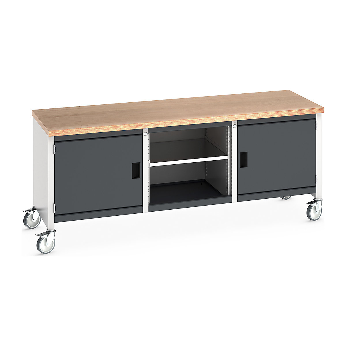 Bott Cubio Mobile Storage Bench | 2000 Wide, Bott Cubio Mobile Storage Bench | 2000 Wide, Bott Cubio Mobile Storage Workbench | 840h x 2000w x 750d mm | 2x 500 Cupboards, Open Section | Anthracite Grey | MPX Worktop-5