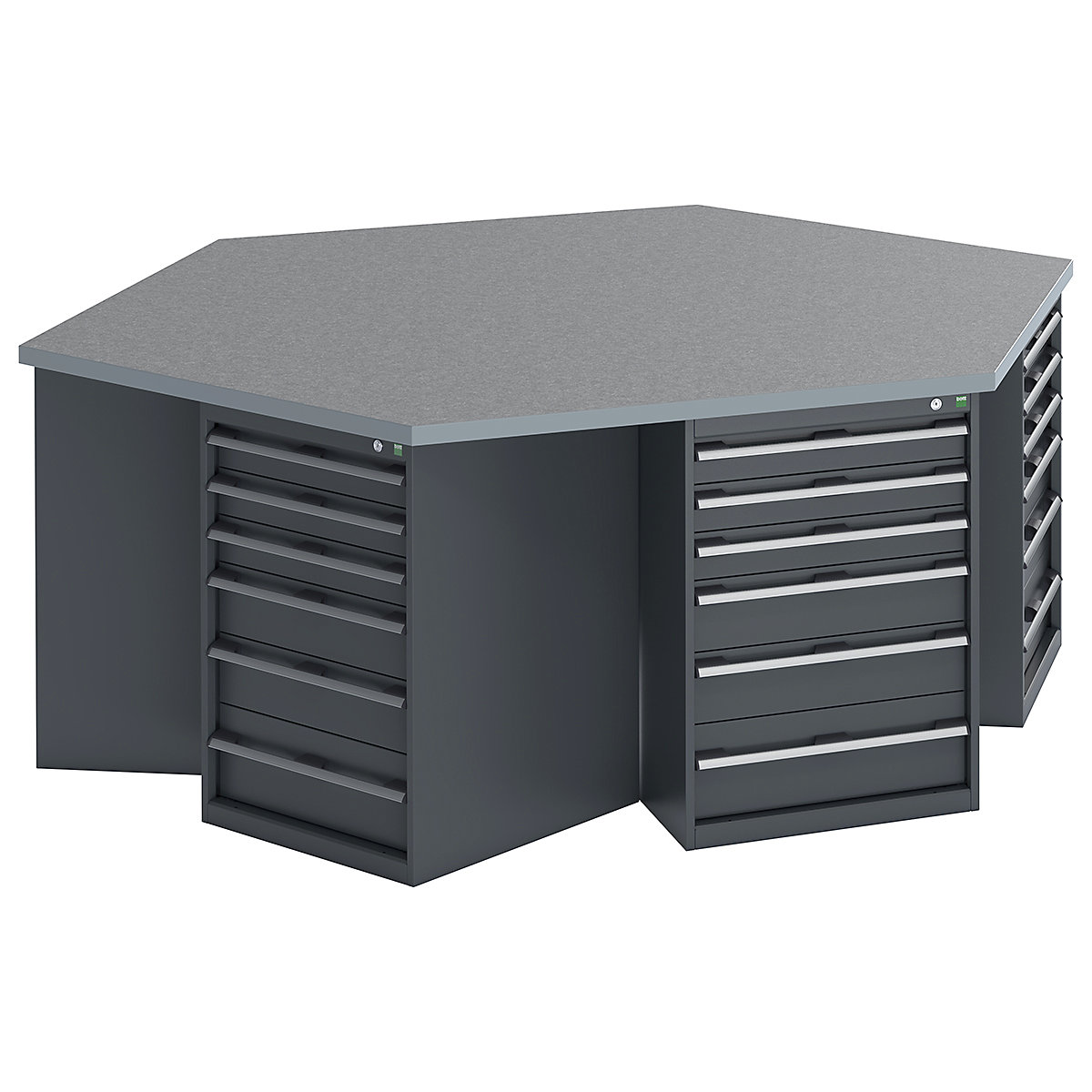 Bott Cubio Pedestal Island Benches | Hexagonal, Bott Cubio Pedestal Island Benches | Hexagonal, Bott Cubio Pedestal Island Bench  | 940h x 2500w x 2165d mm | Lino Worktop | 6 Drawer (x6) | Fully Anthracite Grey-2