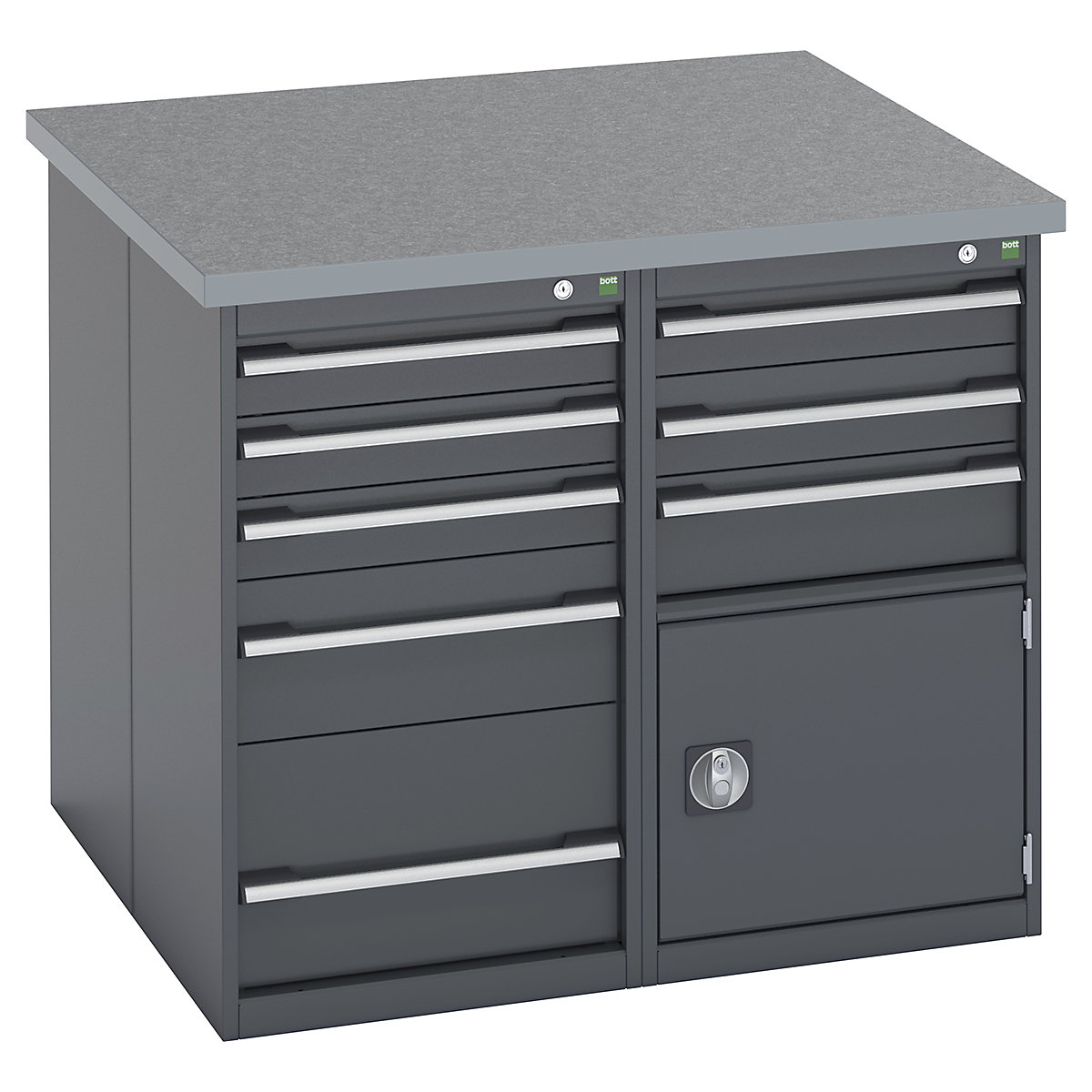 Bott Cubio Pedestal Island Benches | Square, Bott Cubio Pedestal Island Benches | Square, Bott Cubio Pedestal Island Bench  | 940h x 1100w x 1100d mm | Lino Worktop | 5 Drawer (x2) | 3 Drawer & Single Door Cupboard (x2) | Fully Anthracite Grey-2