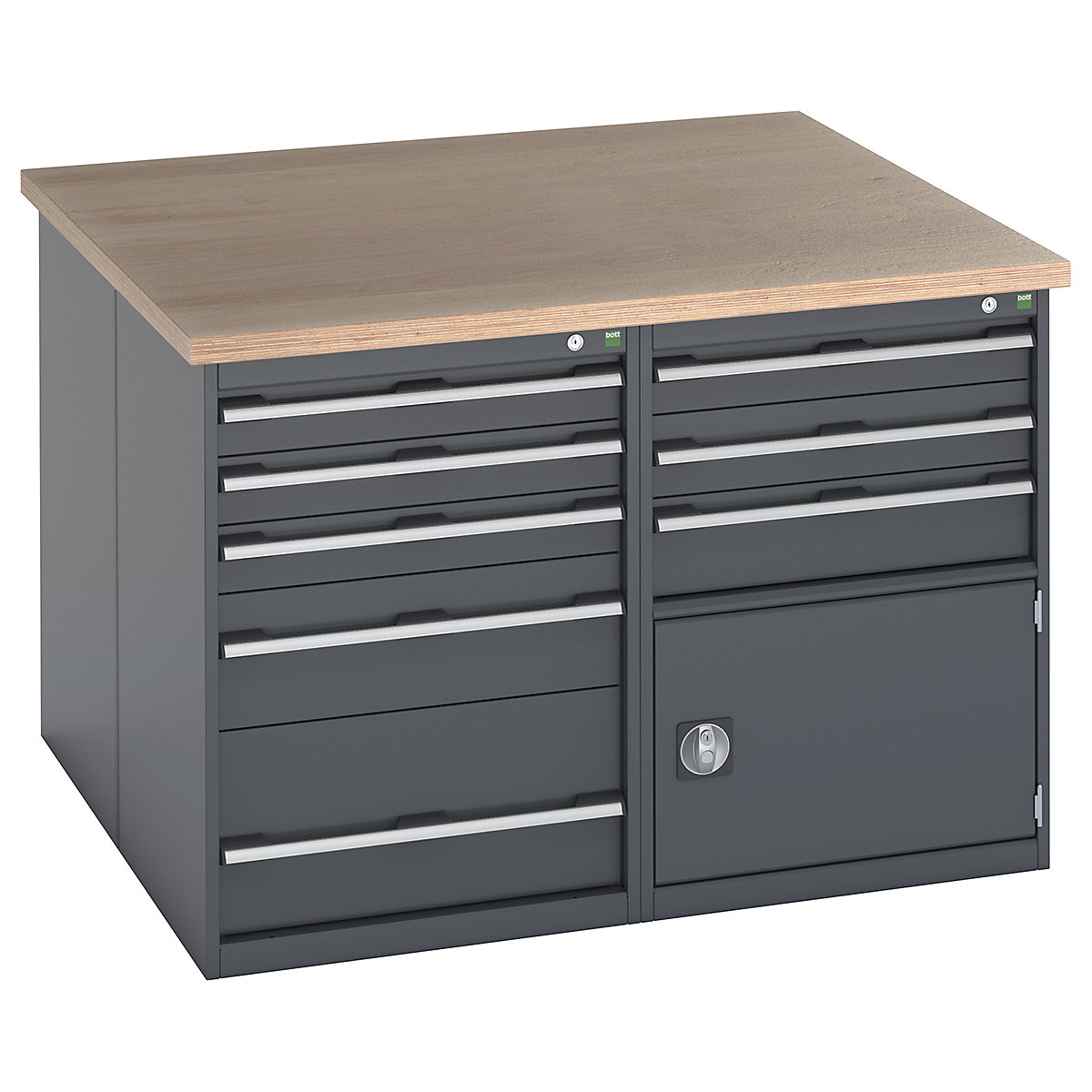 Bott Cubio Pedestal Island Benches | Square, Bott Cubio Pedestal Island Benches | Square, Bott Cubio Pedestal Island Bench  | 940h x 1350w x 1350d mm | MPX Worktop | 5 Drawer (x2) | 3 Drawer & Single Door Cupboard (x2) | Fully Anthracite Grey-3