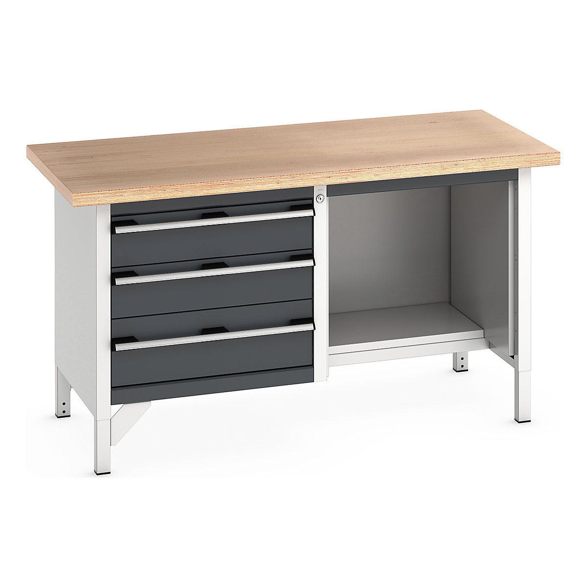 Bott Cubio Storage Bench | 1500 Wide, Bott Cubio Storage Bench | 1500 Wide, Bott Cubio Storage Bench | 840h x 1500w x 750d mm | 2x 150, 1x 200 Drawers, Open Section with Half-Depth Shelf | Anthracite Grey | MPX Worktop-16