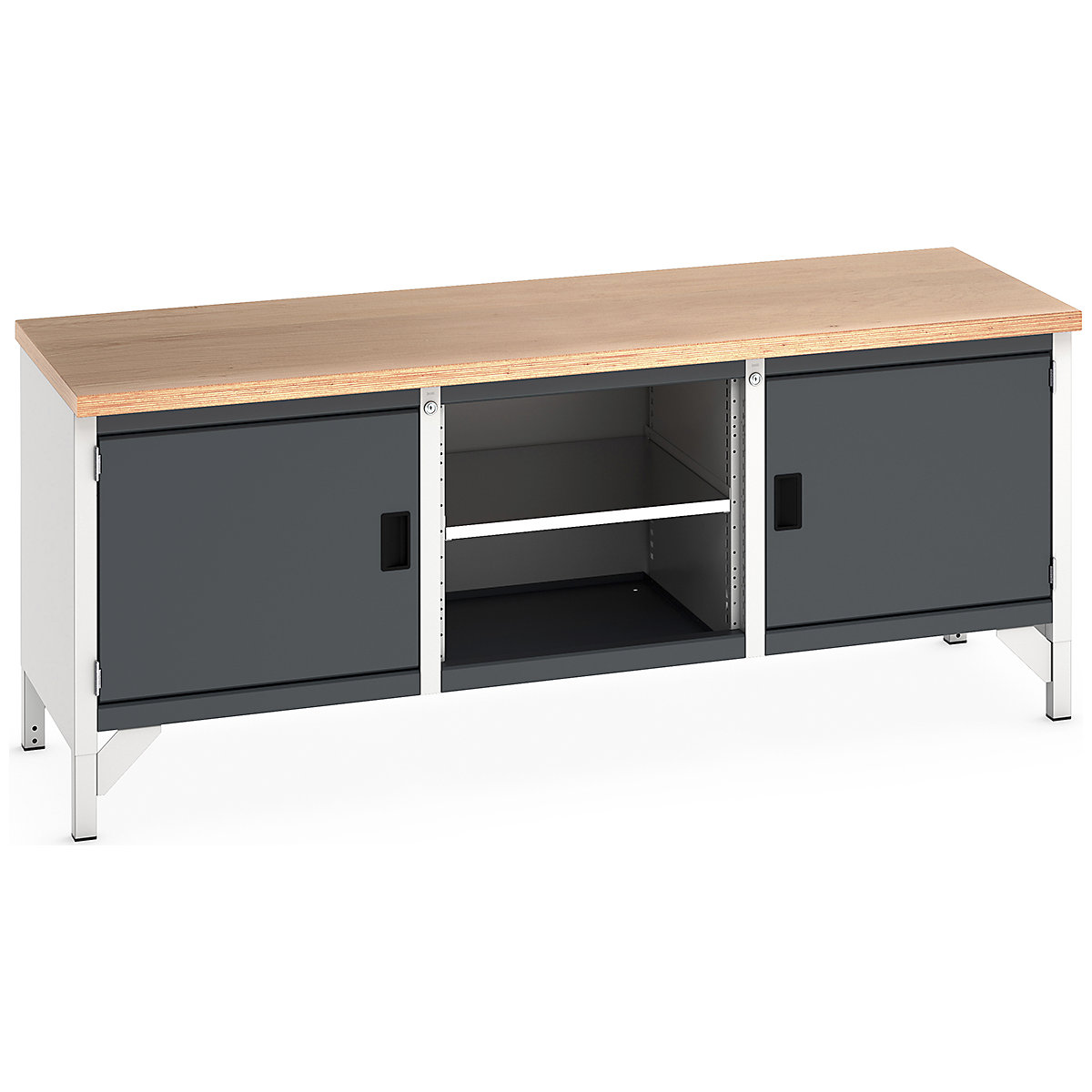 Bott Cubio Storage Bench | 2000 Wide, Bott Cubio Storage Bench | 2000 Wide, Bott Cubio Storage Bench | 840h x 2000w x 750d mm | 2x 500 Cupboards, Open Section | Anthracite Grey | MPX Worktop-4