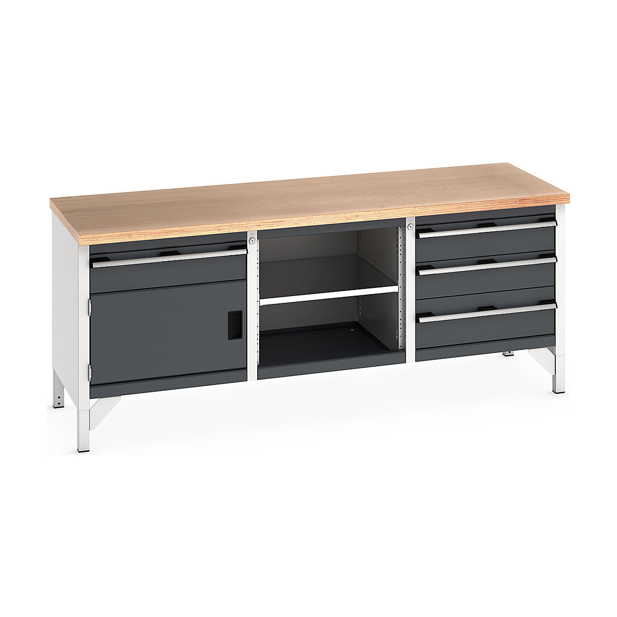 Bott Cubio Storage Bench | 2000 Wide, Bott Cubio Storage Bench | 2000 Wide, Bott Cubio Storage Bench | 840h x 2000w x 750d mm | 3x 150, 1x 200 Drawers, 1x 350 Cupboard, Open Section | Anthracite Grey | MPX Worktop-7
