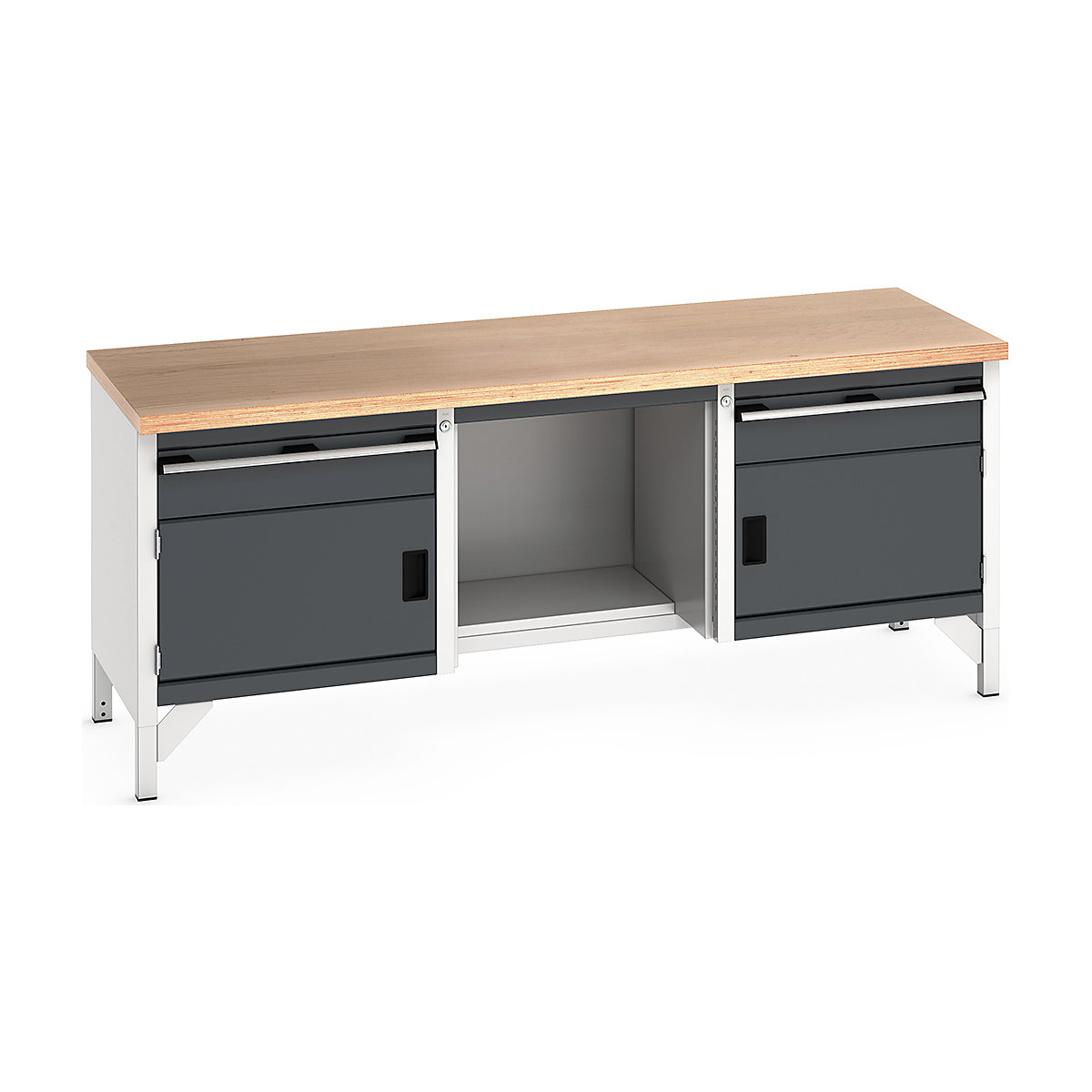 Bott Cubio Storage Bench | 2000 Wide, Bott Cubio Storage Bench | 2000 Wide, Bott Cubio Storage Bench | 840h x 2000w x 750d mm | 2x 150 Drawers, 2x 350 Cupboards, Open Section with Half-Depth Shelf | Anthracite Grey | MPX Worktop-2