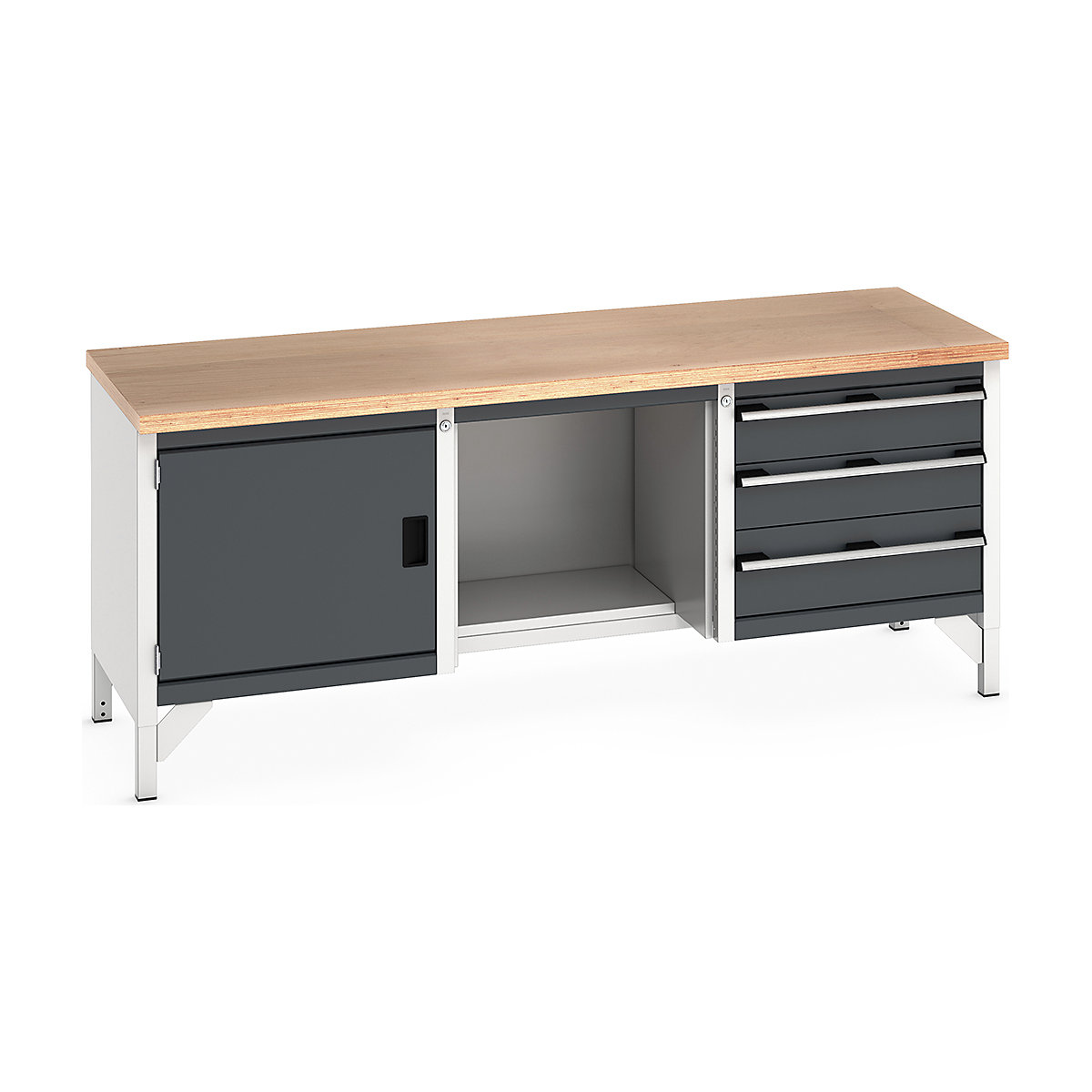Bott Cubio Storage Bench | 2000 Wide, Bott Cubio Storage Bench | 2000 Wide, Bott Cubio Storage Bench | 840h x 2000w x 750d mm | 2x 150, 1x 200 Drawers, 1x 500 Cupboard, Open Section with Half-Depth Shelf | Anthracite Grey | MPX Worktop-3