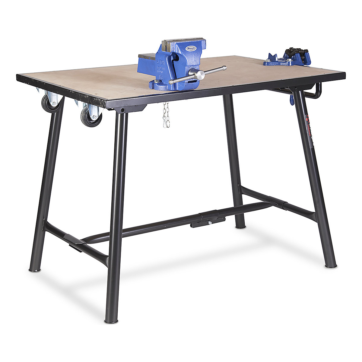 Armorgard Tuffbench Folding Workbench, Armorgard Tuffbench Folding Workbench, Armorgard Tuffbench Folding Workbench | 1005h x 1165w x 870d mm | Handle & Wheels  | 4" Chain Vice and 6" Engineers Vice-4