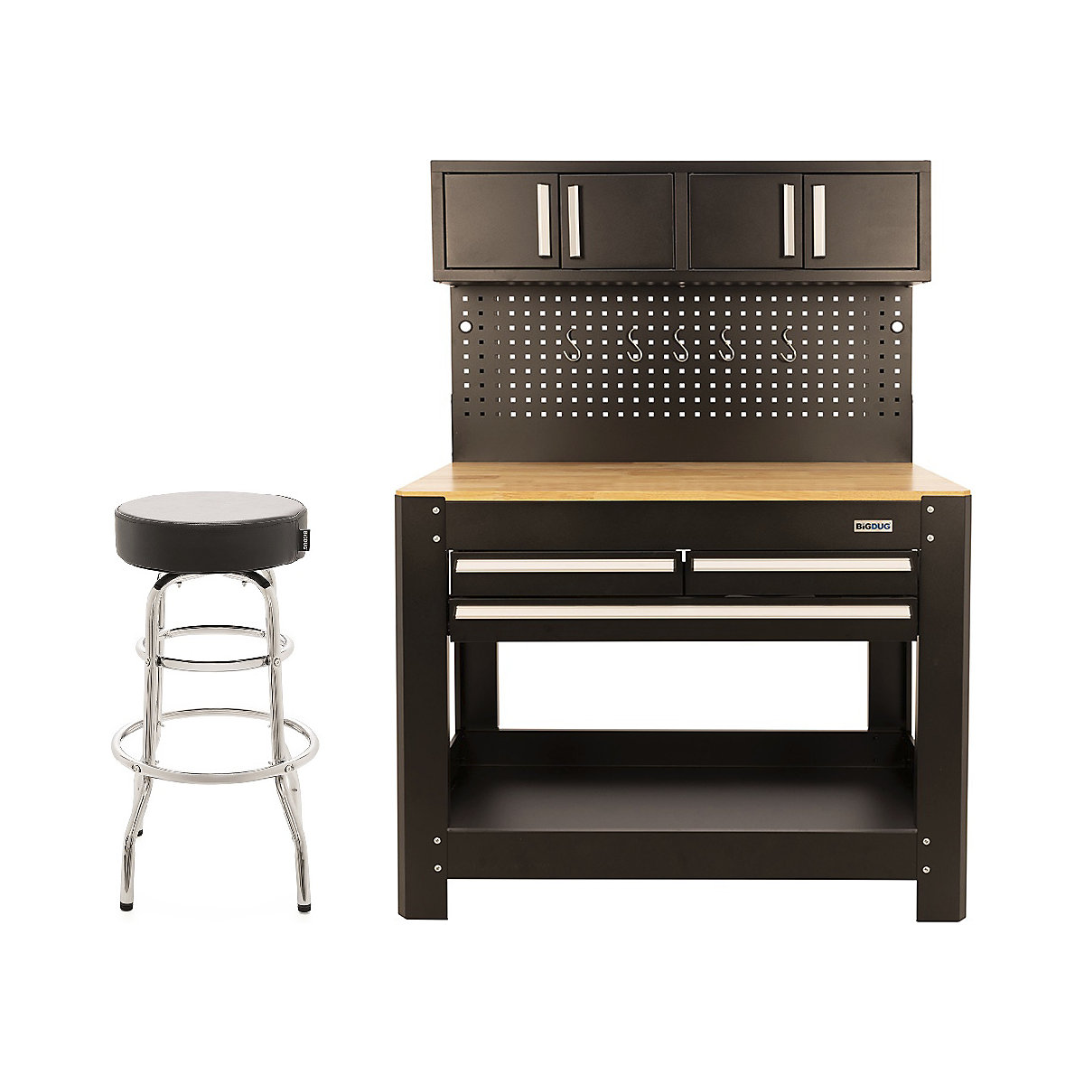 BiGDUG Pro Workbench with Tool Panel & Top Cabinets