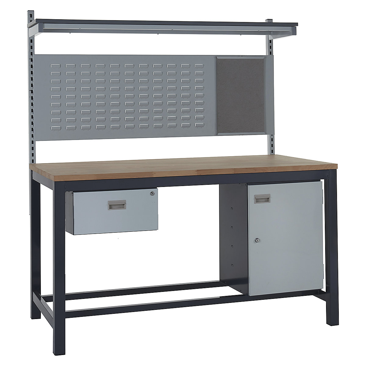 Mercian Heavy Duty Workbench Kits, Mercian Heavy Duty Workbench Kits, Mercian Heavy Duty Workbench Kit 3 | 840h x 1200w x 750d mm | Beech Worktop | Single Drawer | Storage Cupboard | Rear Support Posts | Louvre Panel & Laminate Upper Shelf-9