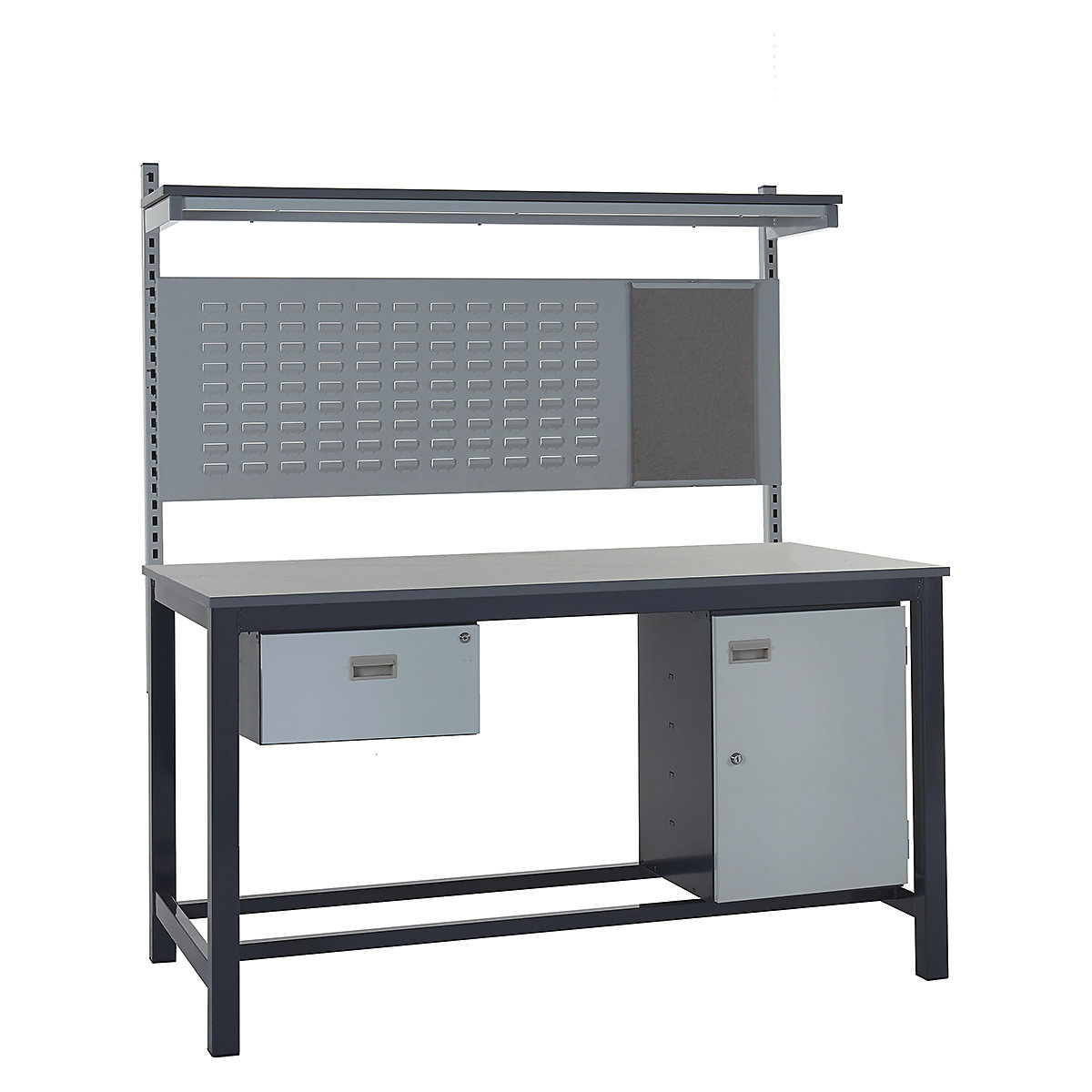 Mercian Heavy Duty Workbench Kits, Mercian Heavy Duty Workbench Kits, Mercian Heavy Duty Workbench Kit 3 | 840h x 1200w x 750d mm | Laminate Worktop | Single Drawer | Storage Cupboard | Rear Support Posts | Louvre Panel & Laminate Upper Shelf-3