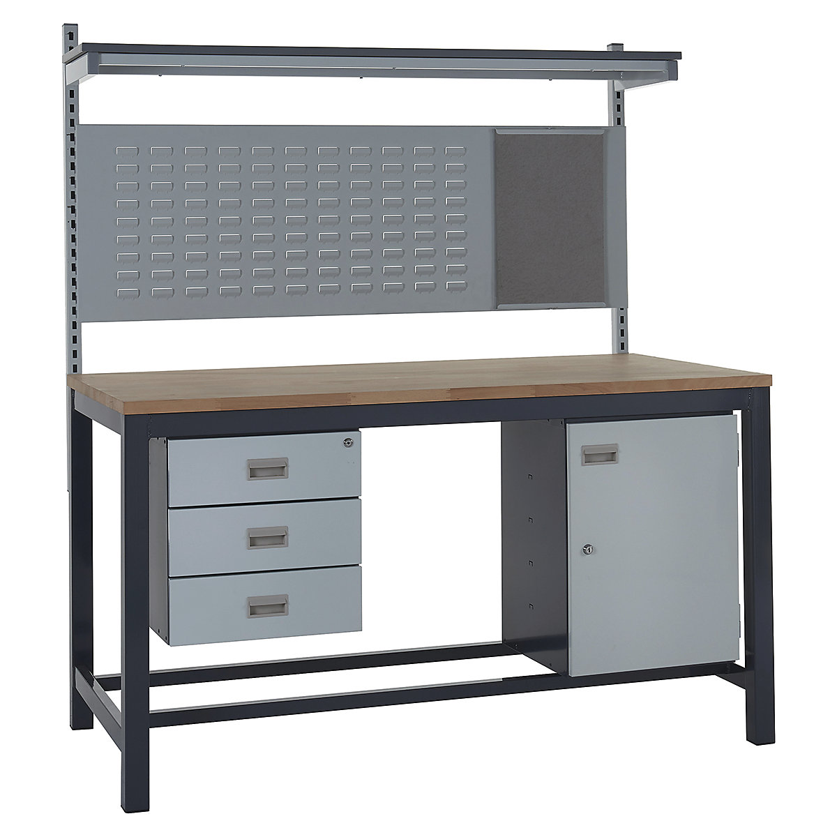Mercian Heavy Duty Workbench Kits, Mercian Heavy Duty Workbench Kits, Mercian Heavy Duty Workbench Kit 4 | 840h x 1200w x 750d mm | Beech Worktop | Triple Drawer | Storage Cupboard | Rear Support Posts | Louvre Panel & Laminate Upper Shelf-10