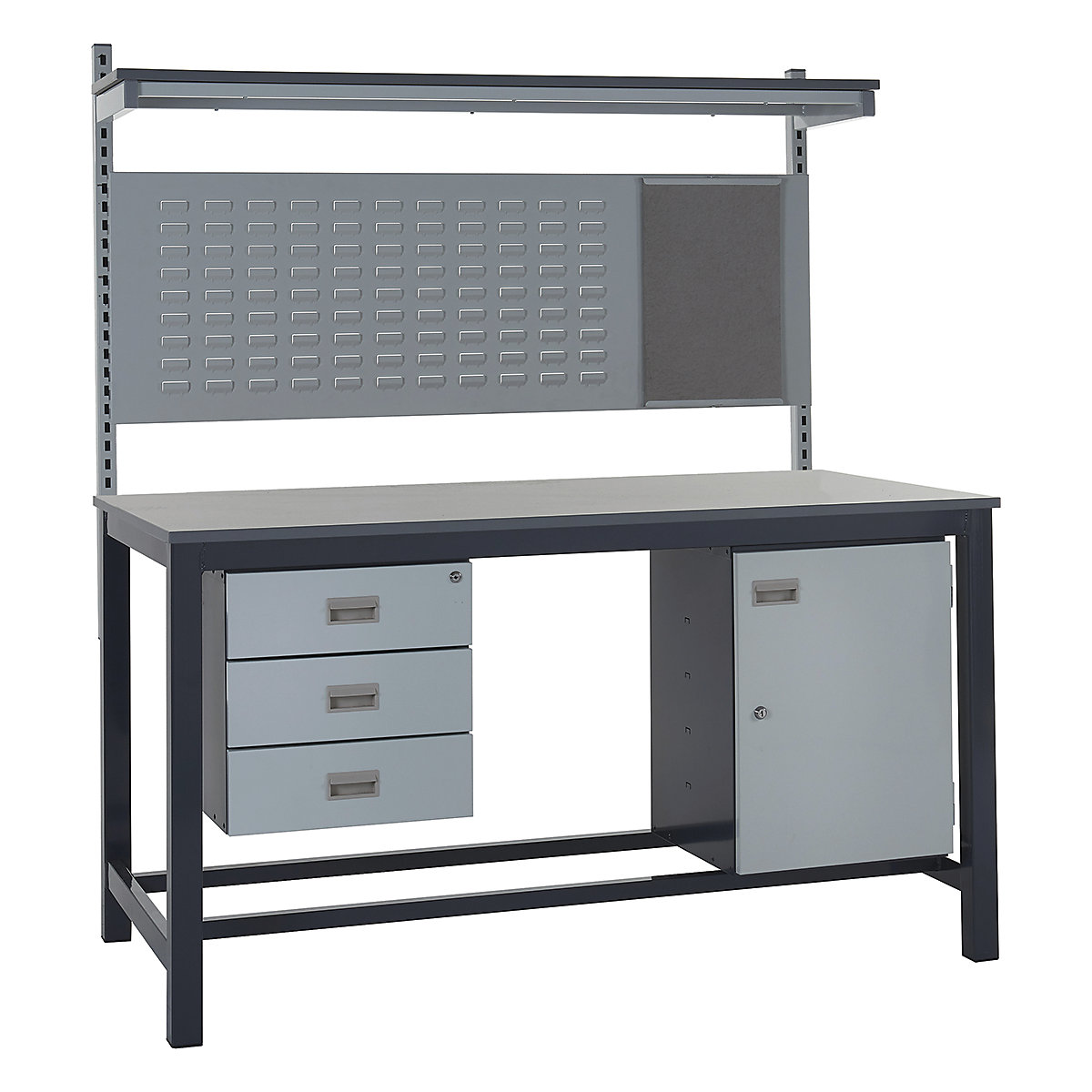 Mercian Heavy Duty Workbench Kits, Mercian Heavy Duty Workbench Kits, Mercian Heavy Duty Workbench Kit 4 | 840h x 1200w x 750d mm | Laminate Worktop | Triple Drawer | Storage Cupboard | Rear Support Posts | Louvre Panel & Laminate Upper Shelf-4