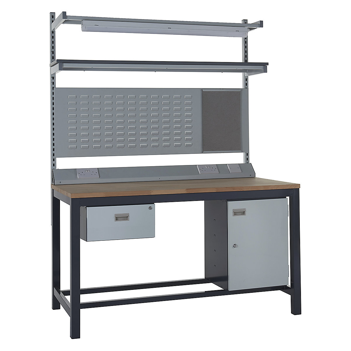 Mercian Heavy Duty Workbench Kits, Mercian Heavy Duty Workbench Kits, Mercian Heavy Duty Workbench Kit 5 | 840h x 1200w x 750d mm | Beech Worktop | Single Drawer | Storage Cupboard | Rear Support Posts | Service Duct Worktop | Light & Tool Rail Support | 3 Setting LED Light | Louvre Panel & Laminate Upper Shelf-11