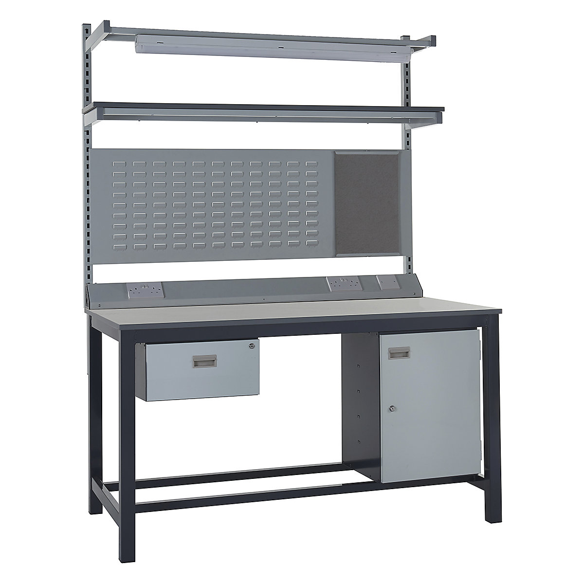 Mercian Heavy Duty Workbench Kits, Mercian Heavy Duty Workbench Kits, Mercian Heavy Duty Workbench Kit 5 | 840h x 1200w x 750d mm | Laminate Worktop | Single Drawer | Storage Cupboard | Rear Support Posts | Service Duct Worktop | Light & Tool Rail Support | 3 Setting LED Light | Louvre Panel & Laminate Upper Shelf-5