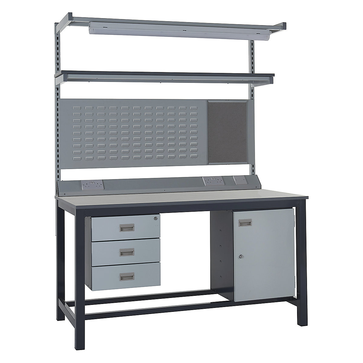 Mercian Heavy Duty Workbench Kits, Mercian Heavy Duty Workbench Kits, Mercian Heavy Duty Workbench Kit 6 | 840h x 1200w x 750d mm | Laminate Worktop | Triple Drawer | Storage Cupboard | Rear Support Posts | Service Duct Worktop | Light & Tool Rail Support | 3 Setting LED Light | Louvre Panel & Laminate Upper Shelf-6
