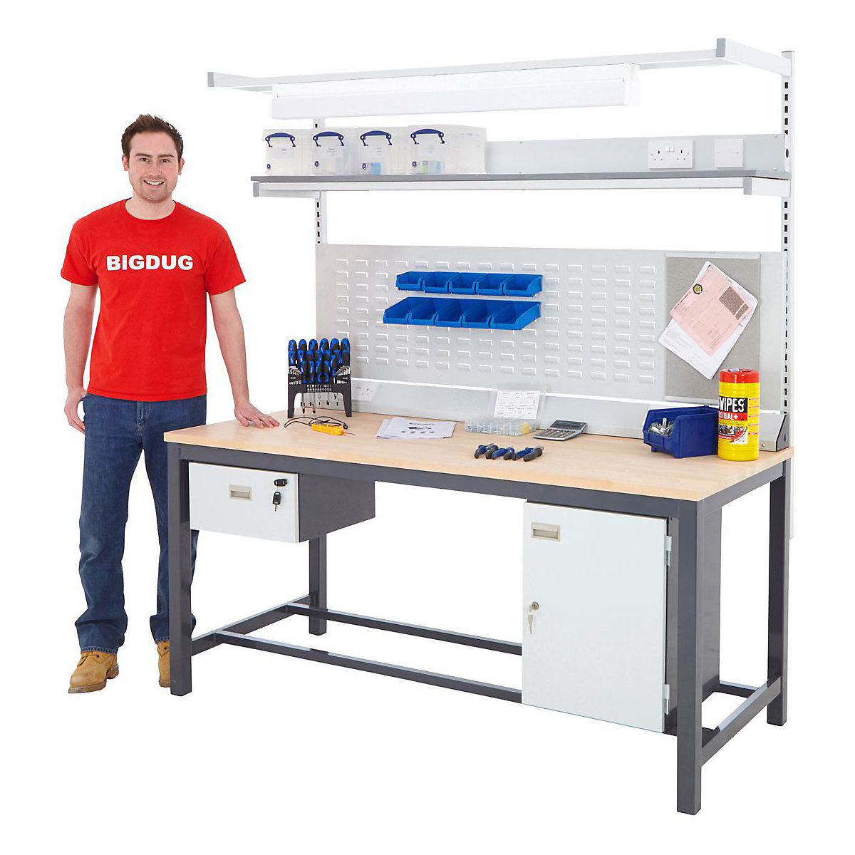 Mercian Heavy Duty Workstations, Mercian Heavy Duty Workstations, Mercian Industrial Workstation | 2020h x 1200w x 750d mm | Single Drawer & Cupboard | 1200kg UDL | Beech Worktop-2