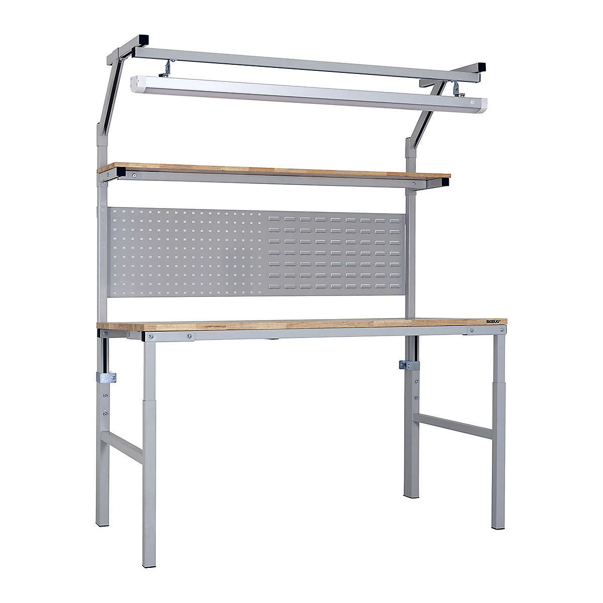 BiGDUG Medium Duty Height Adjustable Complete Workstations, BiGDUG Medium Duty Height Adjustable Complete Workstations, BiGDUG Medium Duty Height Adjustable Workstation | 1200w x 750d mm | Light Grey | Upper Shelf, Combi Panel & LED Light | Solid Hevea Worktop-2