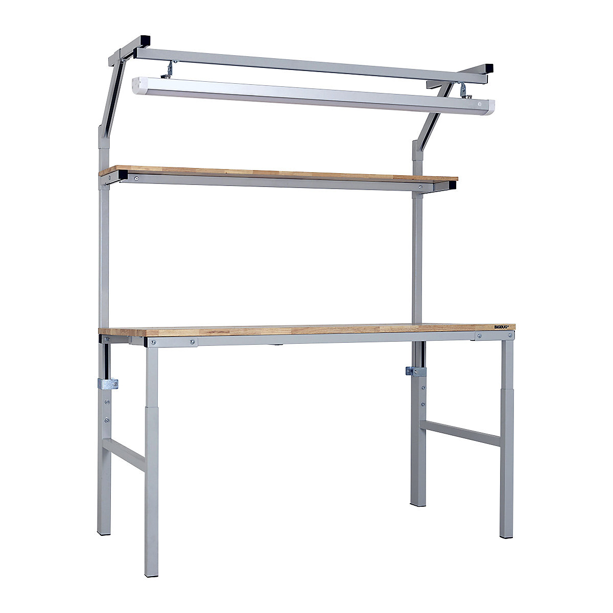 BiGDUG Medium Duty Height Adjustable Complete Workstations, BiGDUG Medium Duty Height Adjustable Complete Workstations, BiGDUG Medium Duty Height Adjustable Workstation | 1200w x 750d mm | Light Grey | Upper Shelf & LED Light | Solid Hevea Worktop-3