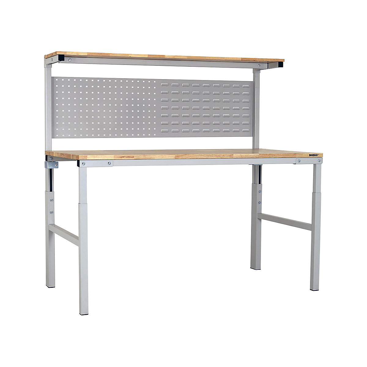 BiGDUG Medium Duty Height Adjustable Workstations, BiGDUG Medium Duty Height Adjustable Workstations, BiGDUG Medium Duty Height Adjustable Workstation | 1200w x 750d mm | Light Grey | Upper Shelf & Combi Panel| Solid Hevea Worktop-3