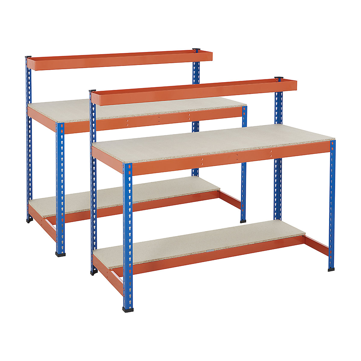 BiG400 2x 3 Level Workstation Mega Deal, BiG400 2x 3 Level Workstation Mega Deal, BiG400 2x 3 Level Workstation Mega Deal | Chipboard Worktop | 1295h x 1220w x 610d mm | 2 Half Depth Lower Shelves | Cantilever Shelf | 400kg UDL | Blue & Orange-2