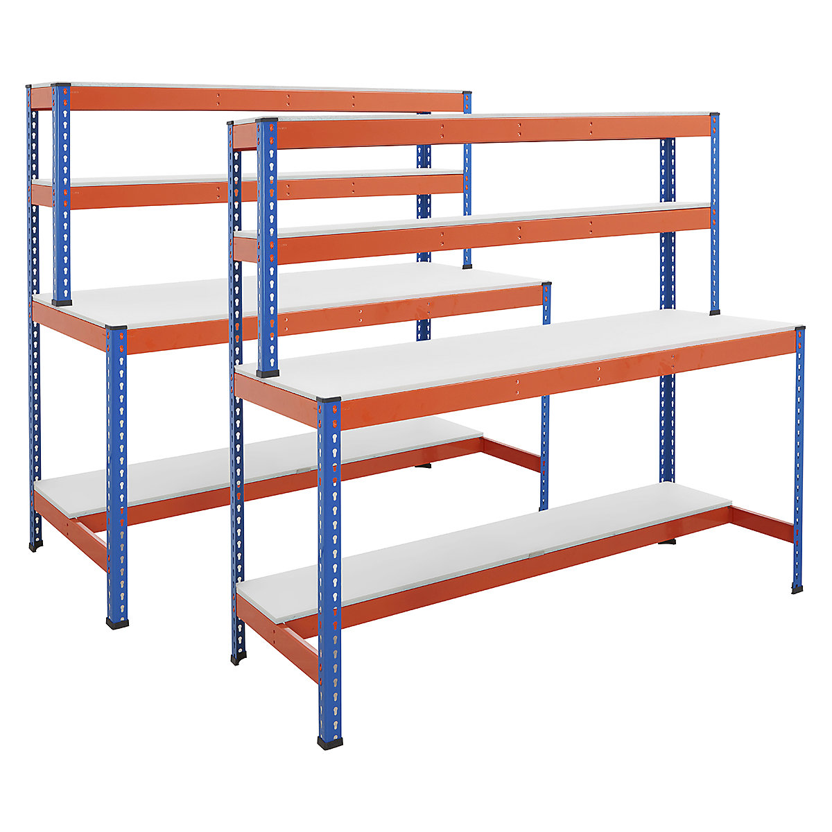 BiG400 2x 4 Level Workstation Mega Deal, BiG400 2x 4 Level Workstation Mega Deal, BiG400 2x Workstation Mega Deal | Melamine Worktop | 1677h x 1220w x 610d mm | Half Depth Lower Shelf | 2 Top Shelves | 400kg UDL | Blue & Orange-4