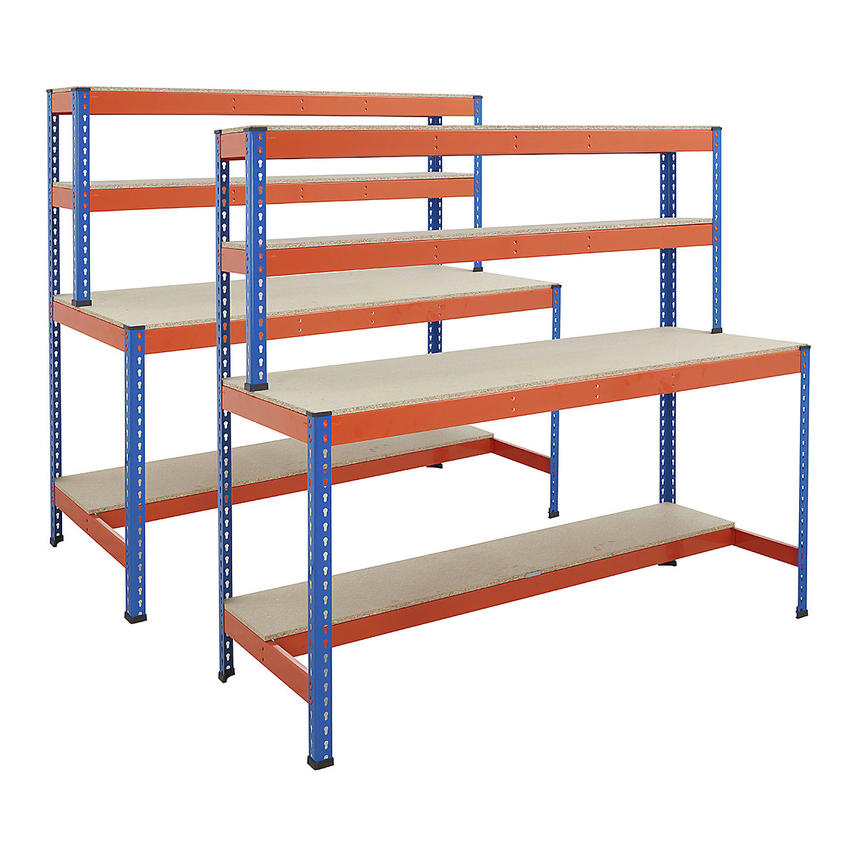 BiG400 2x 4 Level Workstation Mega Deal, BiG400 2x 4 Level Workstation Mega Deal, BiG400 2x Workstation Mega Deal | Chipboard Worktop | 1677h x 1220w x 610d mm | 2 Half Depth Lower Shelves | 2 Top Shelves | 400kg UDL | Blue & Orange-2