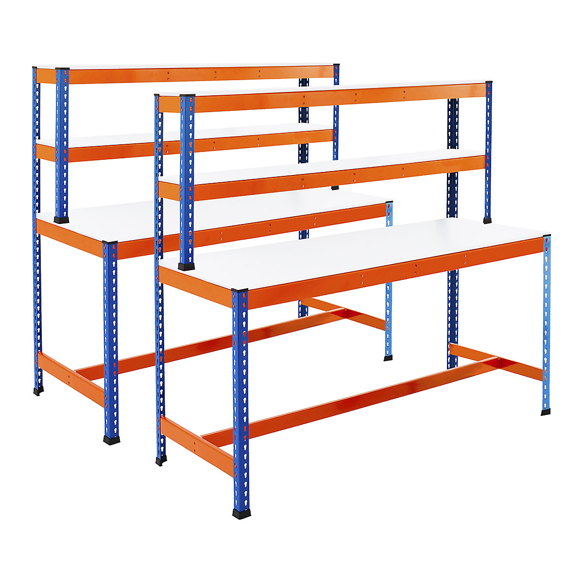 BiG400 2x 4 Level Workstation Mega Deal, BiG400 2x 4 Level Workstation Mega Deal, BiG400 2x Workstation Mega Deal | Melamine Worktop | 1677h x 1220w x 610d mm | T-Bar Base | 2 Top Shelves | 400kg UDL | Blue & Orange-5