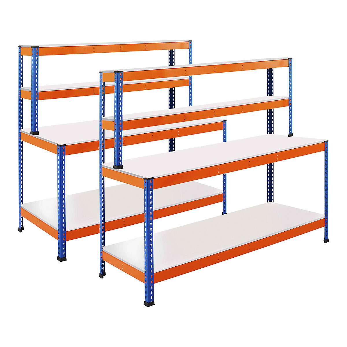 BiG400 2x 4 Level Workstation Mega Deal, BiG400 2x 4 Level Workstation Mega Deal, BiG400 2x Workstation Mega Deal | Melamine Worktop | 1677h x 1220w x 610d mm | 2 Full Depth Lower Shelves | 2 Top Shelves | 400kg UDL | Blue & Orange-3